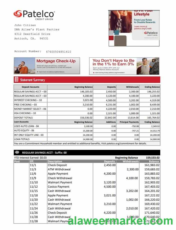 USA California Patelco Credit Union bank statement template in Excel and PDF format